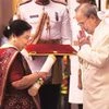 Kokilaben Ambani (left) receives the Padma Vibhushan award conferred on her husband and founder of Reliance Group, the late Dhirubhai Ambani, by President Pranab Mukherjee during  the Padma Award 2016 ceremony at Rashtrapati Bhavan in  New Delhi on M