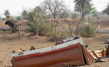 Naxals blow up road in Chhattisgarh, kill seven CRPF jawans Parts of a CRPF vehicle scattered on the road in the aftermath of a Naxal attack on a CRPF convoy passing through Malewada in Dantewada