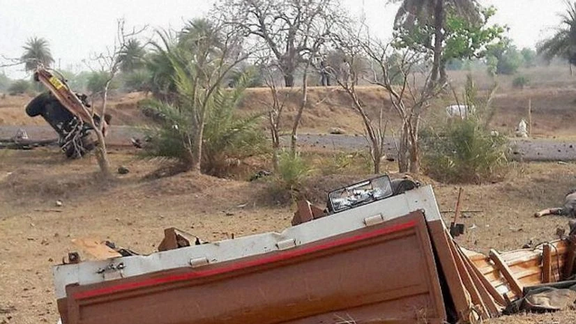 Parts of a CRPF vehicle scattered on the road in the aftermath of a Naxal attack on a CRPF convoy passing through Malewada in Dantewada Parts of a CRPF vehicle scattered on the road in the aftermath of a Naxal attack on a CRPF convoy passing through Malewada in Dantewada