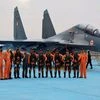 Team members of  Indian Air Force contingent  with an IAF's SU-30 MKI before proceeding for participating in prestigious Exercise 'Red Flag' scheduled to be held at Alaska in USA, at Air Force Station in Jamnagar