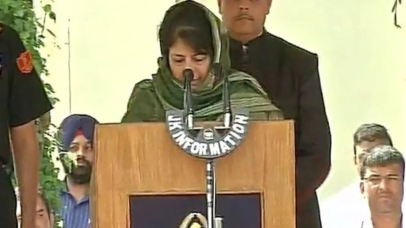 Mehbooba Mufti being sworn in as the first woman Chief Minister of Jammu and Kashmir. Photo: ANI Mehbooba Mufti being sworn in as the first woman Chief Minister of Jammu and Kashmir. Photo: ANI