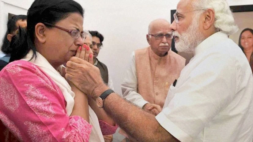 Narendra Modi, Kamla Advani Prime Minister Narendra Modi console Pratibha Advani after tribute to senior BJP leader L.K. Advani's wife late Kamla Advani PTI