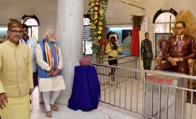 Ambedkar birth anniversary: Politicians compete to claim inheritance to his legacy Prime Minister Narendra Modi visiting the Bhim Birthplace (Bhim Janma Bhoomi) Memorial on BR Ambedkar's 125th birth anniversary in Mhow, Madhya Pradesh on Thursday. Chief Minister of Madhya Pradesh, Shri Shivraj Singh Chouhan is also seen