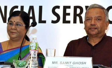 In longer run, Ujjivan might seek permission for reverse merger Sudha Suresh, CFO,Ujjivan Financial Services Ltd and Samit Ghosh, MD & CEO, Ujjivan Financial Services Ltd at a press conference in Mumbai (pic: Suryakant Niwate)