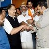 Malayalam actor Suresh Gopi with Union Minister and BJP leader Rajiv Pratap Rudy, party candidates Kummanam Rajasekharan, V Muraleedharan, and S Sreesanth after launching the BJP election campaign at Kalabhavan Theatre in Thiruvananthapuram