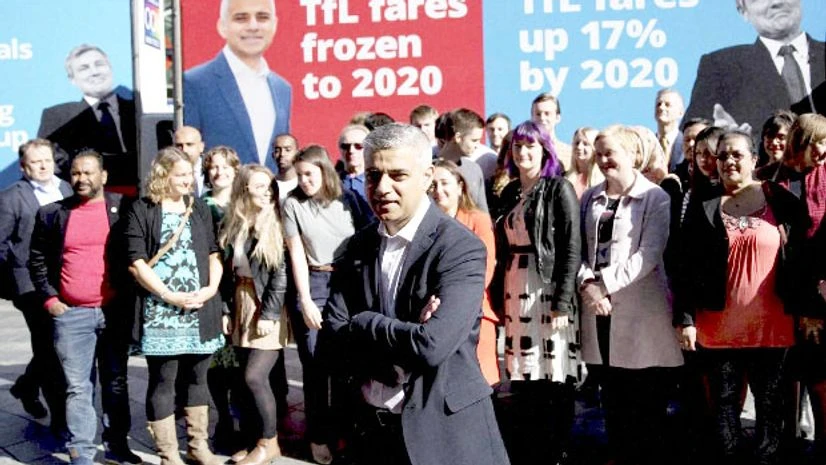 London, mayor, Sadiq Khan Britain's Labour party candidate for Mayor of London Sadiq Khan watched by Labour Party supporters