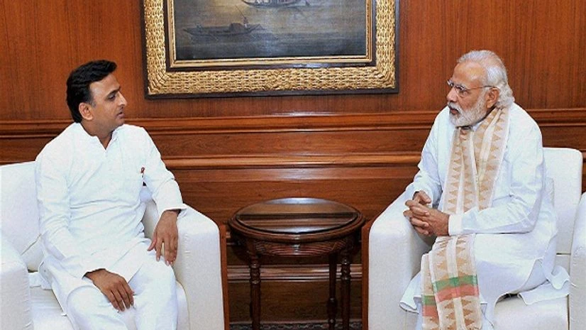 Prime Minister Narendra Modi during a meeting with Uttar Pradesh Chief Minister Akhilesh Yadav, discussing the drought situation in various parts of Uttar Pradesh in New Delhi. Prime Minister Narendra Modi during a meeting with Uttar Pradesh Chief Minister Akhilesh Yadav, discussing the drought situation in various parts of Uttar Pradesh in New Delhi.