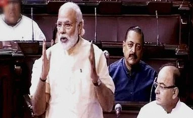 Modi takes GST jibe in farewell note to 53 MPs Prime Minister Narendra Modi speaks in the Rajya Sabha in New Delhi