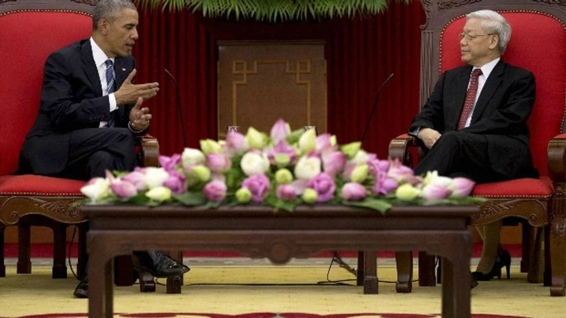 Vietnam, Obama, President, Nguyen Phu Trong US President Barack Obama meets with Vietnamese Communist party secretary general Nguyen Phu Trong at the Central Office of the Communist Party of Vietnam in Hanoi PTI