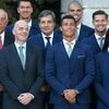 FIFA president Gianni Infantino, center left, stands next to team captain Cristiano Ronaldo, center right, while posing for a photo with Portuguese President Marcelo Rebelo de Sousa, second left, and the Portuguese soccer team at the Belem presidenti