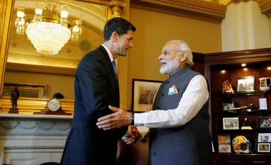 Indian govt is going to be a 'great ally': Ryan Prime Minister Narendra Modi (R) meets with U.S. House Speaker Paul Ryan (R-WI), before addressing a joint meeting of Congress in the House Chamber in Capitol Hill, Washington