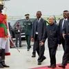 President Pranab Mukherjee with his  Ivory Coast President Alassane Ouattara inspects the Guard of Honour during ceremonial welcome at Abidjan International Airport in Republic of Cote D'ivoire, Abidjan