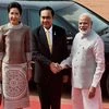 Prime Minister Narendra Modi greets his Thailand Counterpart General Prayut Chan-o-cha as his wife Naraporn Chan-o-cha looks on during a ceremonial reception at Rashtrapati Bhavan in New Delhi