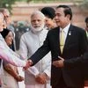 Thai Prime Minister General Prayut Chan-o-cha greeing dignitaries on his arrival in New Delhi on Friday, June 17, 2016 PTI