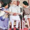 External Affairs Minister Sushma Swaraj (left) shakes hands with Thailand Prime Minister's wife Naraporn Chan-o-cha (right) at a ceremonial reception at the Rashtrapati Bhavan as PM Narendra Modi looks on, in New Delhi on Friday | PTI