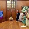 Prime Minister Narendra Modi video conferencing with Sri Lankan Prime Minister Maithripala Sirisena. (Photo: Vikas Swarup's Twitter handle)