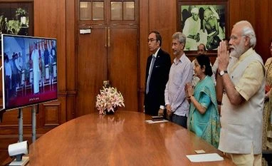 PM Modi, Maithripala Sirisena inaugurate renovated stadium in Jaffna Prime Minister Narendra Modi during the Joint dedication of renovated stadium in Jaffna, Srilanka, through video conferencing in New Delhi.The Union Minister for External Affairs, Sushma Swaraj and other dignitaries are also seen. Photo: PTI