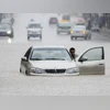 A car stuck due to heavy rainfall A car stuck due to heavy rainfall