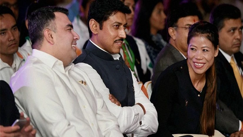 OAI, Mary Kom, Rajyavardhan Rathore, Gagan Narang Olympic Silver medalist and Minister of State for I&B Rajyavardhan Rathore with Gagan Narang, Mary Kom during the launch of Olympians Association of India in New Delhi on Monday Photo: PTI