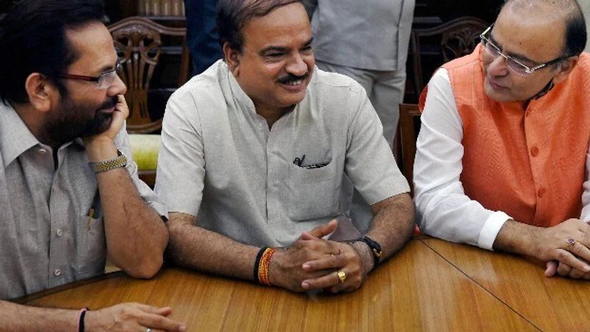 Union Ministers Arun Jaitley, Ananth Kumar and Mukhtar Abbas Naqvi during an oath taking ceremony for inducting Rajya Sabha members at Parliament House in New Delhi Union Ministers Arun Jaitley, Ananth Kumar and Mukhtar Abbas Naqvi during an oath taking ceremony for inducting Rajya Sabha members at Parliament House in New Delhi