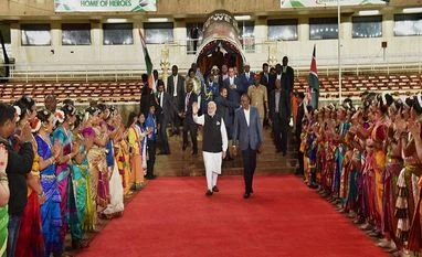 India, Kenya sign 7 pacts; to deepen ties in security Prime Minister Narendra Modi with President of Kenya, Uhuru Kenyatta arrives at the Community Reception at Kasarani Stadium in Nairobi, Kenya.