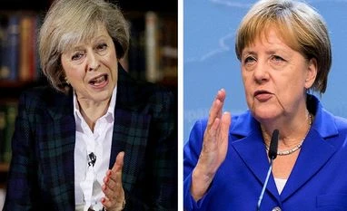 Angela Merkel accepts Britain's decision to delay triggering Brexit This combo photo shows Britain's Home Secretary Theresa May, left, launching her leadership bid in London and German Chancellor Angela Merkel speaking at an EU summit in Brussels.