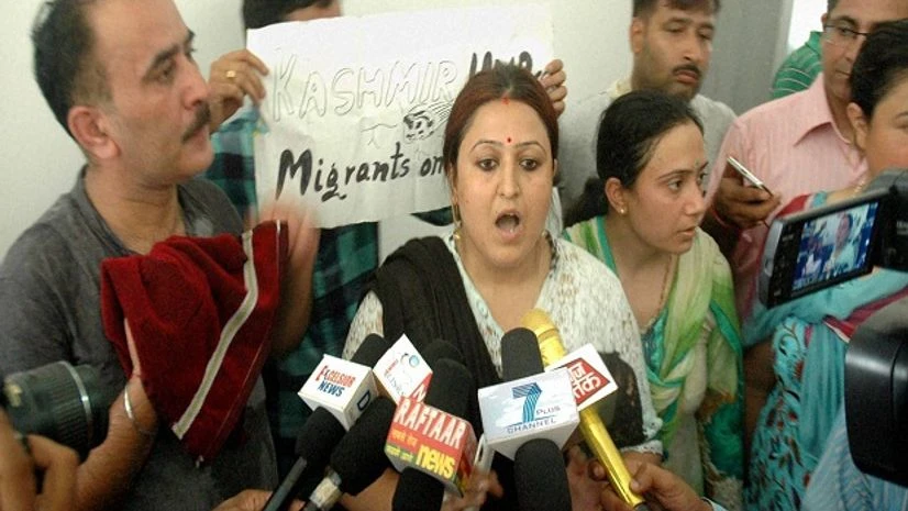 Kashmiri Pandits holding a protest against the clashes at different places in the Valley, in Jammu on Thursday Photo: PTI Kashmiri Pandits holding a protest against the clashes at different places in the Valley, in Jammu on Thursday Photo: PTI