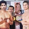 Vijender Singh with Kerry Hope (right) at the official weigh-in on the eve of their WBO Asia Pacific Super Middleweight title fight in New Delhi | Photo; PTI