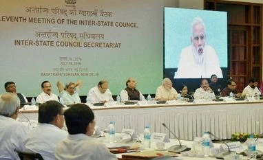 PM strikes conciliation as the way forward with states Prime Minister Narendra Modi with Home Minister Rajnath Singh, Foreign Minister Sushma Swaraj, V Naidu, Arun Jaitley at the eleventh Inter-State Council Meeting, in New Delhi