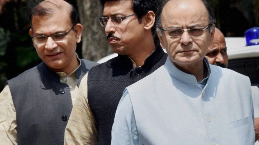 nion Finance Minister Arun Jaitley with MoSes Rajyavardhan Rathore and Jayant Sinha nion Finance Minister Arun Jaitley with MoSes Rajyavardhan Rathore and Jayant Sinha