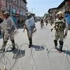 CRPF jawans stand guard during curfew and strike in Srinagar