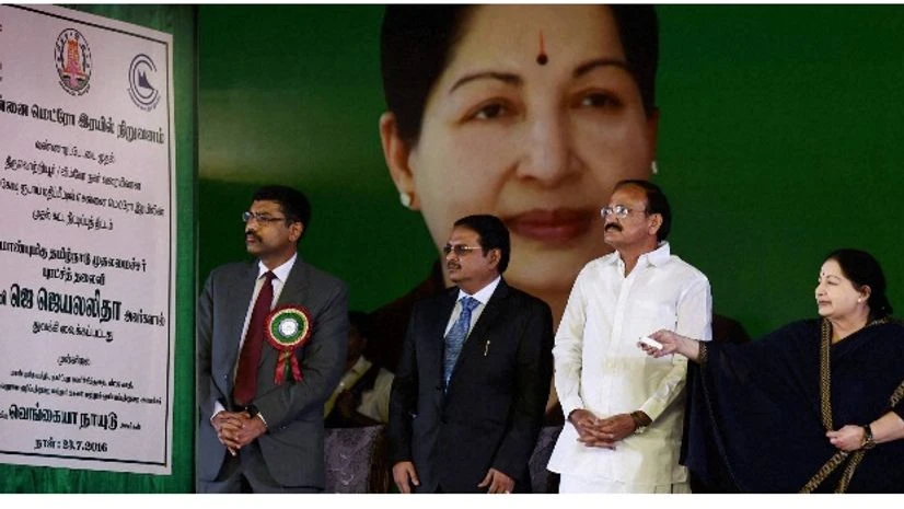 Tamil Nadu Chief Minister J Jayalalithaa, Union Minister for Urban Development and I&B, M Venkaiah Naidu and officials at the foundation stone laying ceremony of the Chennai Metro Rail Project Phase-I Extension from Washermanpet to Thiruvottiyur, Tamil Nadu Chief Minister J Jayalalithaa, Union Minister for Urban Development and I&B, M Venkaiah Naidu and officials at the foundation stone laying ceremony of the Chennai Metro Rail Project Phase-I Extension from Washermanpet to Thiruvottiyur,
