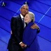 President Barack Obama hugs Democratic Presidential candidate Hillary Clinton after addressing the delegates during the third day session of the Democratic National Convention in Philadelphia, on Wednesday Photo: PTI