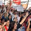 Bank employees shout slogans while protesting during a nationwide strike called by the United Forum of Bank Unions (UFBU), in Mumbai (Pic: Suryakant Niwate)