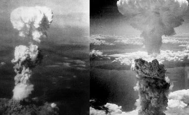 Japan marks 72 years since Hiroshima bombing Two aerial photos of atomic bomb mushroom clouds, over two Japanese cities in 1945 Wikipedia