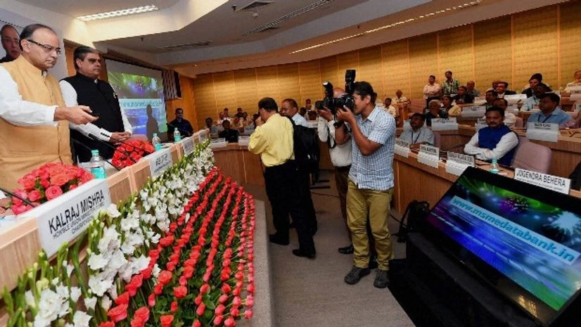 Union Minister for Finance & Corporate Affairs Arun Jaitley with Union Minister for MSME, Kalraj Mishra at the launch of MSME data bank portal at Vigyan Bhawan in New Delhi Union Minister for Finance & Corporate Affairs Arun Jaitley with Union Minister for MSME, Kalraj Mishra at the launch of MSME data bank portal at Vigyan Bhawan in New Delhi