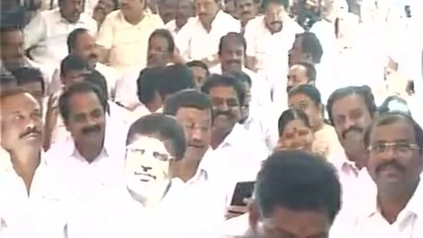 MK MLAs protest outside Tamil Nadu Assembly after they were suspended by Speaker for 1 week yesterday MK MLAs protest outside Tamil Nadu Assembly after they were suspended by Speaker for 1 week yesterday