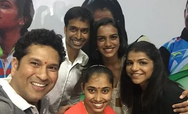 Women athletes endorsing brands on a par with cricketers Cricket legend Sachin Tendulkar with P V Sindhu, Sakshi Malik, Dipa Karmakar and Pullela Gopichand. Photo: Sachin Tendulkar Twitter Handle