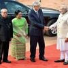 Prime Minister Narendra Modi greets Myanmar President U Htin Kyaw as his wife Daw Su Su Lwin