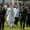 Union Home Minister Rajnath Singh arrives at a Press Conference in Srinagar
