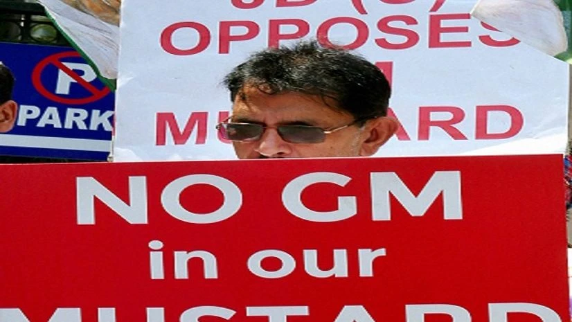 A supporter of Janata Dal (United) protests against genetically modified mustard outside the Paryavaran Bhawan in New Delhi A supporter of Janata Dal (United) protests against genetically modified mustard outside the Paryavaran Bhawan in New Delhi