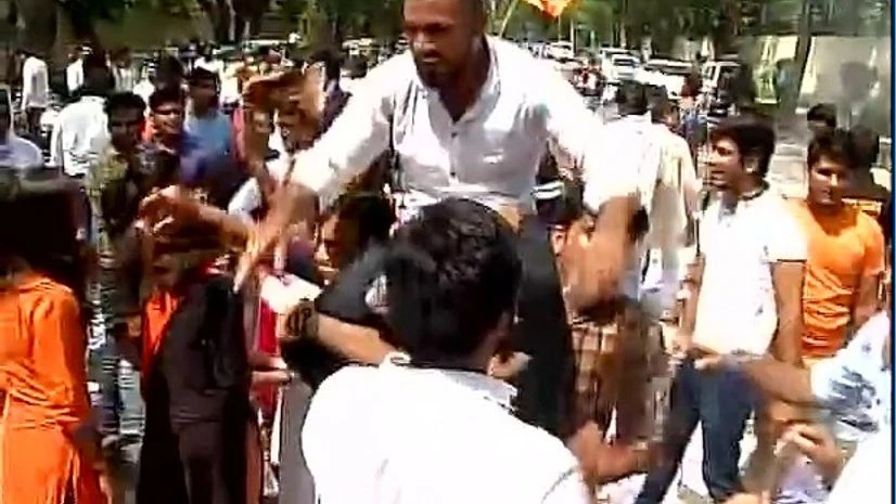 ABVP workers celebrating the DUSU election victory ABVP workers celebrating the DUSU election victory