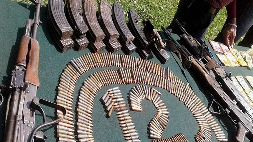 Army displays arms and ammunition recovered from the four fidayeen militants who attacked Army brigade Camp, at Uri in Jammu and Kashmir. Photo: PTI Representative image