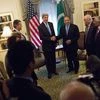 US Secretary of State John Kerry sits with Prime Minister Nawaz Sharif of Pakistan during a bilateral meeting