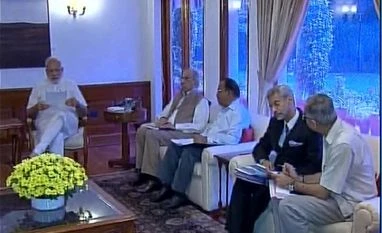 Narendra Modi, S Jaishankar, NSA Doval, Nripendra Misra PM Narendra Modi chairs meeting on Indus Water Treaty. Foreign Secretary S Jaishankar, NSA Doval and PM's principal secretary Nripendra Misra attend meeting (Photo: ANI Twitter)