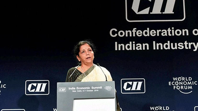 Commerce and Industry Minister Nirmala Sitharaman address during the opening day of India Economic Summit in New Delhi. Photo:PTI Commerce and Industry Minister Nirmala Sitharaman address during the opening day of India Economic Summit in New Delhi. Photo:PTI