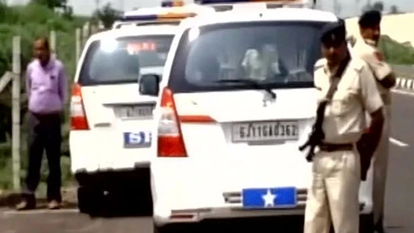 Heavy security outside Porbandar Naval base after reports of an explosion. (Photo: Twitter/@ANI_news) Heavy security outside Porbandar Naval base after reports of an explosion. (Photo: Twitter/@ANI_news)