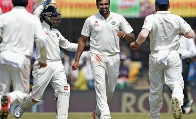 New Zealand all out for 299 against India :Indian bowler R.Ashwin celebrates the wicket of New Zealand batsman Martin Guptill on the third day of the final test match being played against New Zealand in Indore. Photo: PTI