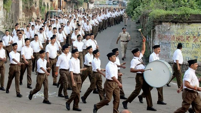 RSS RSS swayamsevaks taking out Path Sanchalan (route march) in the new uniform on the occasion of Vijaya Dashami celebration in Nagpur, Maharashtra (PTI Photo)