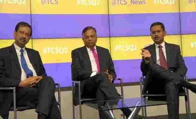 Are TCS operating margins sustainable? (From left to right) Ajoy Mukherjee, Executive Vice-President and Head, Global Human Resources, N Chandrasekaran, CEO & MD, TCS and Rajesh Gopinathan, CFO, TCS announcing the company's Q2 results in Mumbai